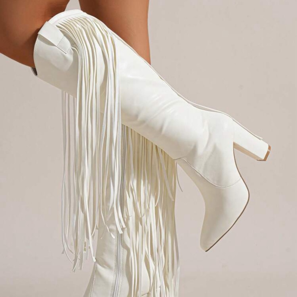 White fringe cowboy boots